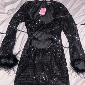 Black Sequin Tie Front Feather Trim